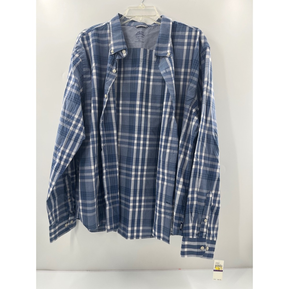 Izod Saltwater‎ Relaxed Classics Mens XXL Slim Fit Blue Plaid Shirt 45GW536420